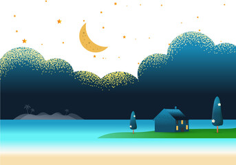 Beautiful horizontal Nature landscape. night scene landscape in Beach sea with villa  hotel seaside concept  Summer offers texture style illustration.