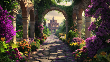 Obraz premium Archway in a whimsical garden set in the background.