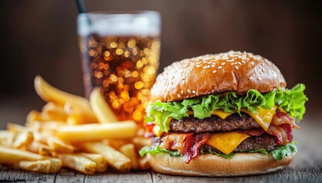 Juicy Double Bacon Cheeseburger with Fries and Soda