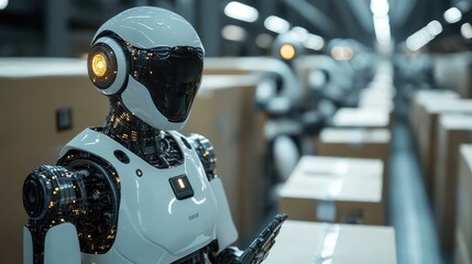 Futuristic robots working in a modern factory.