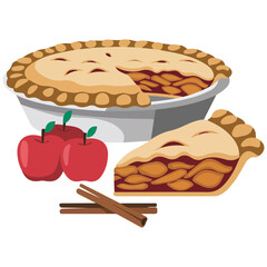 Homemade apple charlotte pie with cinnamon sticks isolated vector illustration on white background