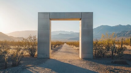 Minimalistic modern gate with concrete pillars, desert landscape