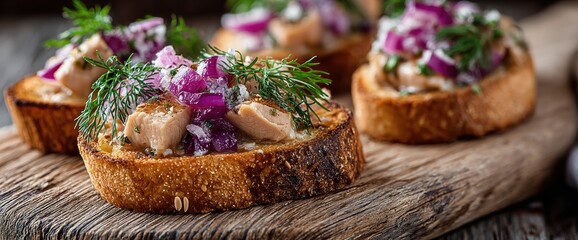 Close-up of delicious tuna bruschetta topped with red onion and dill.