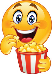 Happy Emoji Emoticon Eating Popcorn From a Striped Red and White Bucket