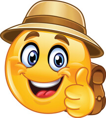 Happy Backpacker Emoji Emoticon Giving a Thumb Up, Wearing a Safari Hat and Carrying a Travel Backpack