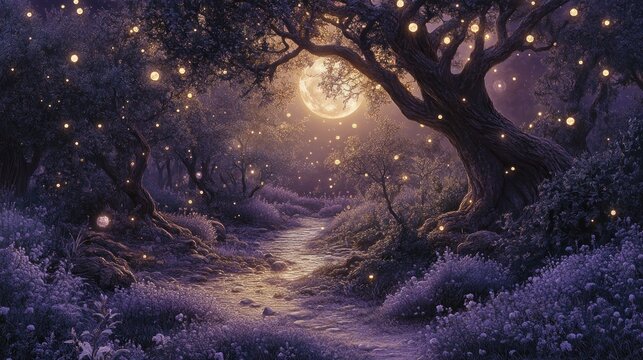 Enchanted forest path night full moon glowing lights magical fantasy nature scene