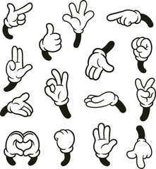 Retro Cartoon Style Illustration Set Featuring 15 Expressive Hand Gestures. Each Hand is Drawn with Bold Outlines, White Gloves, and Vintage Character Appeal.