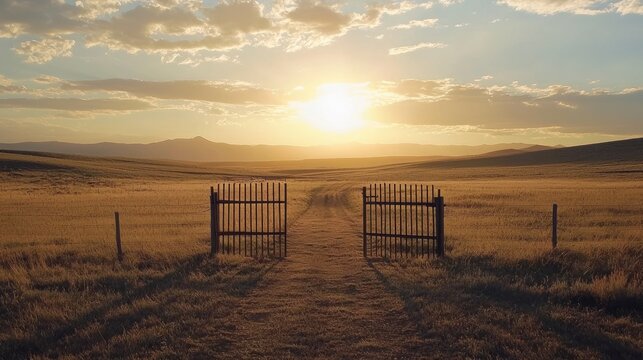 Open field with a single gate leading to a dirt road, golden sunset