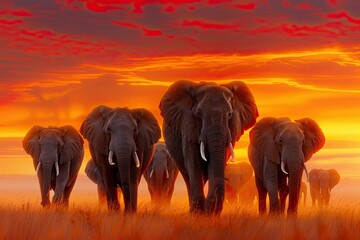Majestic Elephants Walking Gracefully Through Golden Grasslands Under Vibrant Sunset Sky Capturing the Essence of African Safari Adventure