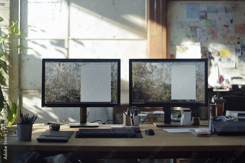 Poster modern workspace with dual monitors. sunlight streams into a well-organized home office. empty scree