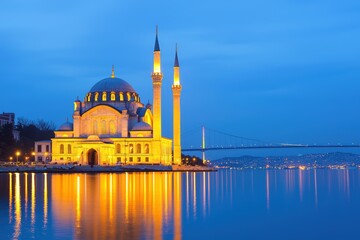 Naklejka premium Majestic Mosque at Twilight with Reflections in Still Water