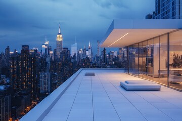 Modern rooftop terrace overlooking New York City at twilight.  Spacious, minimalist design with clean lines and a panoramic view
