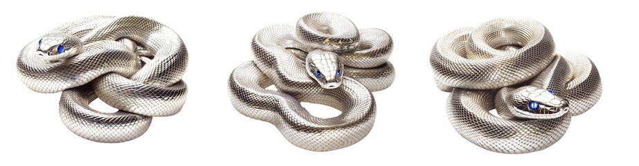 Fototapeta premium Coiled silver snake sculpture with detailed scales isolated on white transparent background, reptiles or wildlife, symbolizing Chinese Lunar New year
