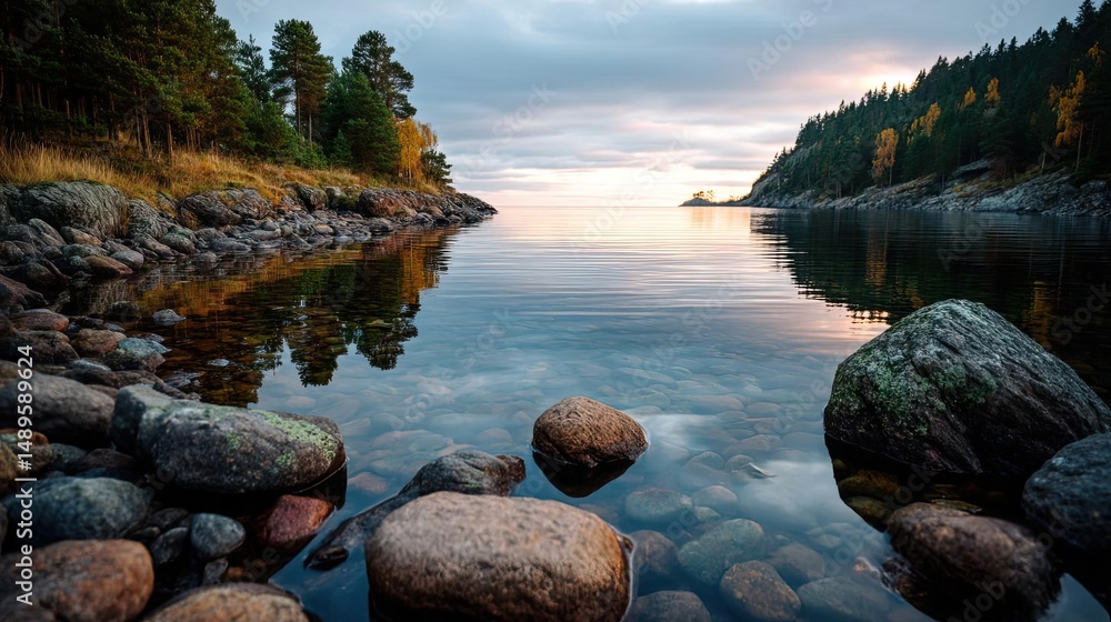 Poster Scenic view of lake in pine forest with reservoir and sky concept. Serene lake view surrounded by trees and rocks at sunset.
