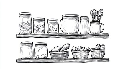 Kitchen shelf with preserved vegetables, jars, and baskets