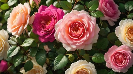 A vibrant cluster of pink, peach, and cream roses in full bloom, showcasing their delicate petals and lush green foliage