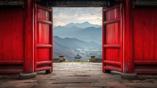 Red wooden gate at the entrance to a Chinese temple, mountain backdrop