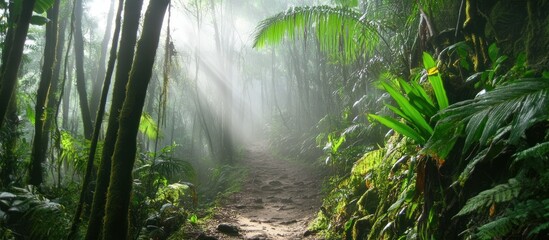 Mystical jungle path bathed in sunlight filtering through dense, vibrant foliage
