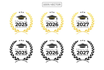 Set of class of 2025 2026 2027 graduation award emblem design template, graduation cap with laurel wreath in gold color template 