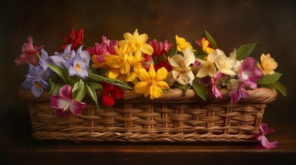 Obraz premium Colorful flowers in a woven basket