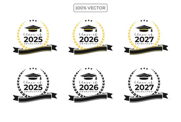 Set of class of 2025 2026 2027 graduation award emblem design template, graduation cap with laurel wreath in gold color template design
