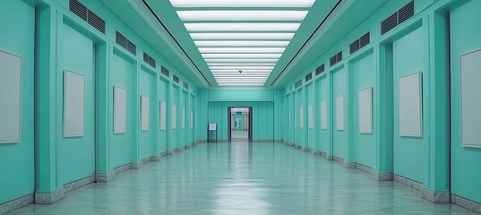 Obraz premium Modern Minimalist Hallway with Teal Walls and Bright Lighting