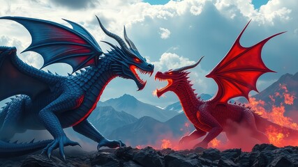 Epic Confrontation Two Mighty Dragons Face Off in a Fiery Mountain Showdown