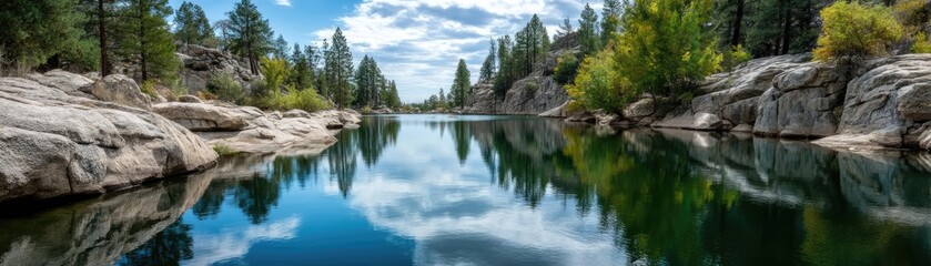 Obraz premium Scenic view of lake in pine forest with reservoir and sky concept. A serene lake surrounded by lush trees and rocky formations.
