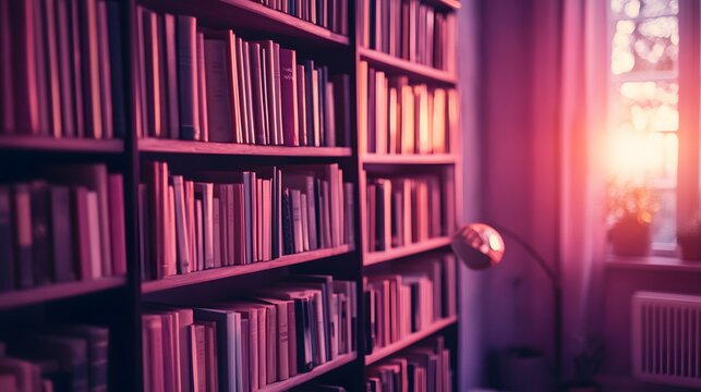 Warm, inviting interior library with numerous books.