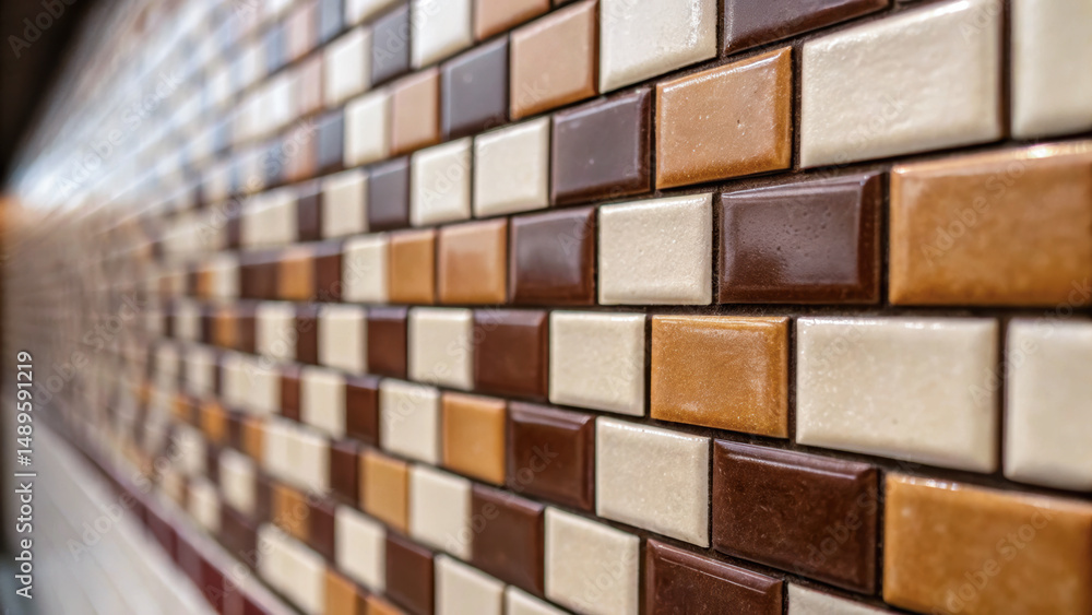 Poster close up view of textured wall with brown beige and cream tiles arranged in pattern adding warmth to