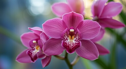 Obraz premium Orchid Wallpaper. Blooming Orchid Flowers in Soft Focus with Delicate Pink Petals