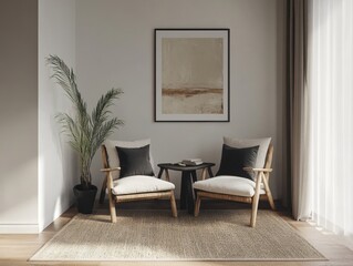 Two chairs and a palm next to an art piece