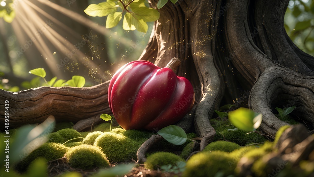 Poster red vegetable resting by tree roots in a forest setting