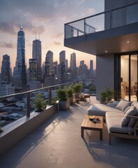 Obraz premium Sleek modern apartment, city skyline view from rooftop terrace, interior, sophisticated, balcony