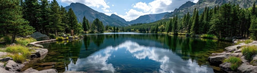 Scenic view of lake in pine forest with cloudy summer sky concept. Serene mountain lake reflecting trees and clouds in calm waters.