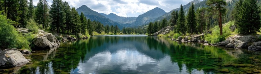 Fototapeta premium Scenic view of lake in pine forest with cloudy summer sky concept. Serene lake reflections surrounded by majestic mountains and trees.