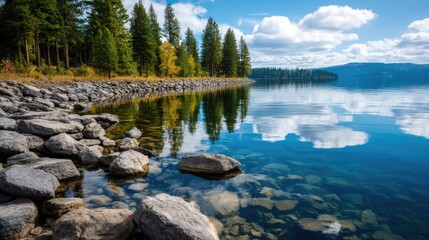 Scenic view of lake in pine forest with reservoir and sky concept. Serene lakeside view with trees and clear blue sky reflections.