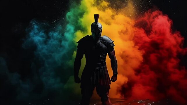 spartan warrior with colorful smoke on background