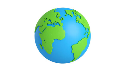 Naklejka premium 3D illustration of Earth showcases vibrant green continents against bright blue ocean, highlighting planet geography. globe is set against plain transparency background, emphasizing its colorful