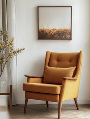 An orange chair in a light room with artwork and a branch
