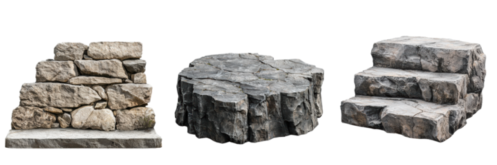Natural stone blocks in various shapes and sizes, showcasing textures and colors. These stones can be used for landscaping, construction, or decorative purposes, adding rustic charm to any setting