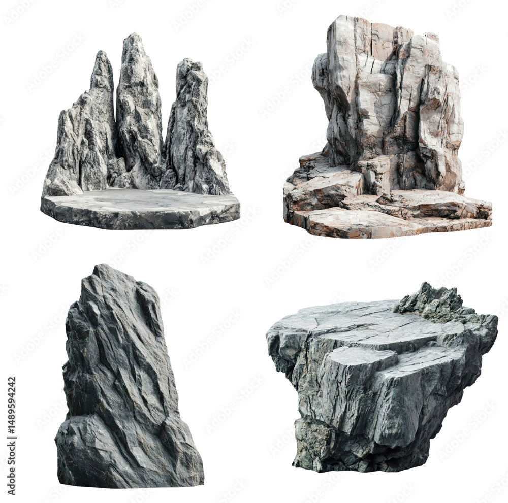 Poster collection of four distinct rock formations showcasing various textures and colors, perfect for natu