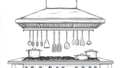 Fototapeta premium Kitchen range hood, utensils, pots, cooking