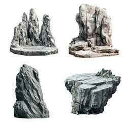 Collection of four distinct rock formations showcasing various textures and colors, perfect for natural landscapes or artistic designs. Each rock has unique features and shapes, adding depth to