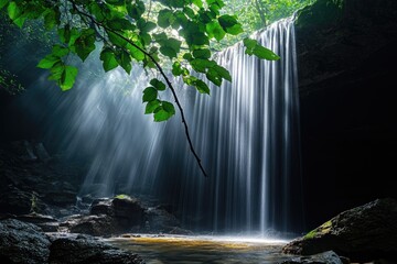Hidden Waterfall in Lush Forest. Sunlight streams through foliage onto a cascading waterfall, nestled within a verdant, dark ravine.  Water flows over rocks into a tranquil pool below