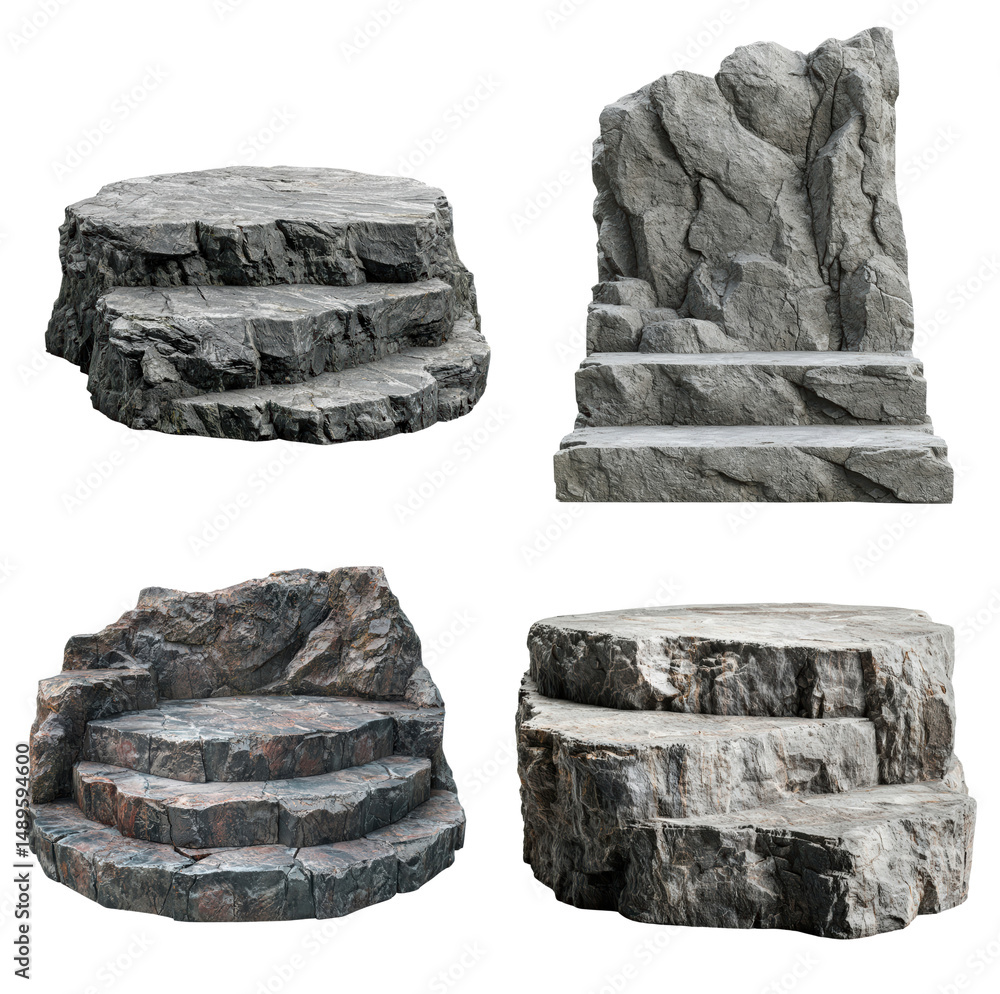 Poster collection of textured stone structures featuring steps and platforms, showcasing various shapes and