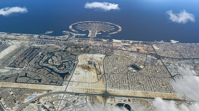 Dubai Palm Jumeirah Aerial Animation Satellite Map with Dynamic Clouds - Clean Version (No Labels)