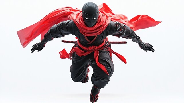 Dark ninja in red cape, mid-leap, against white