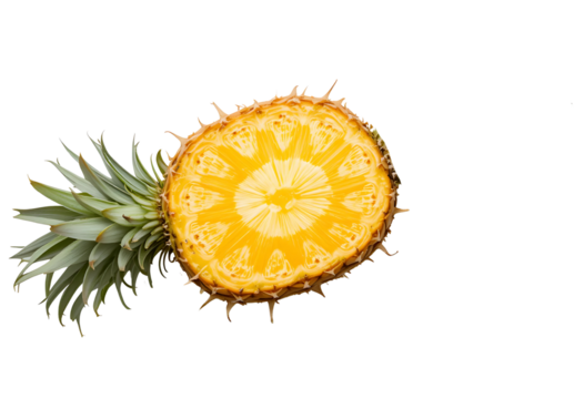 A horizontal cross-section of a ripe pineapple showing its circular core and radial pattern, placed on a white background like a fruit diagram, top-down view, ultra high detail.