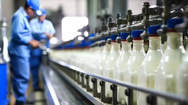 Video still of a milk bottling line in a factory, captured from a low angle, focusing on bottles with workers blurred in the background.
